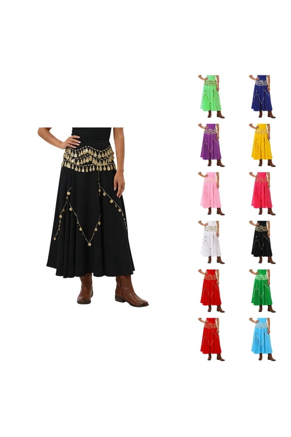 Belly Dancer Skirt Trendy Flowy A Line Midi Chiffon Skirt with Coins Pirate Skirts for Indian Dance Practice