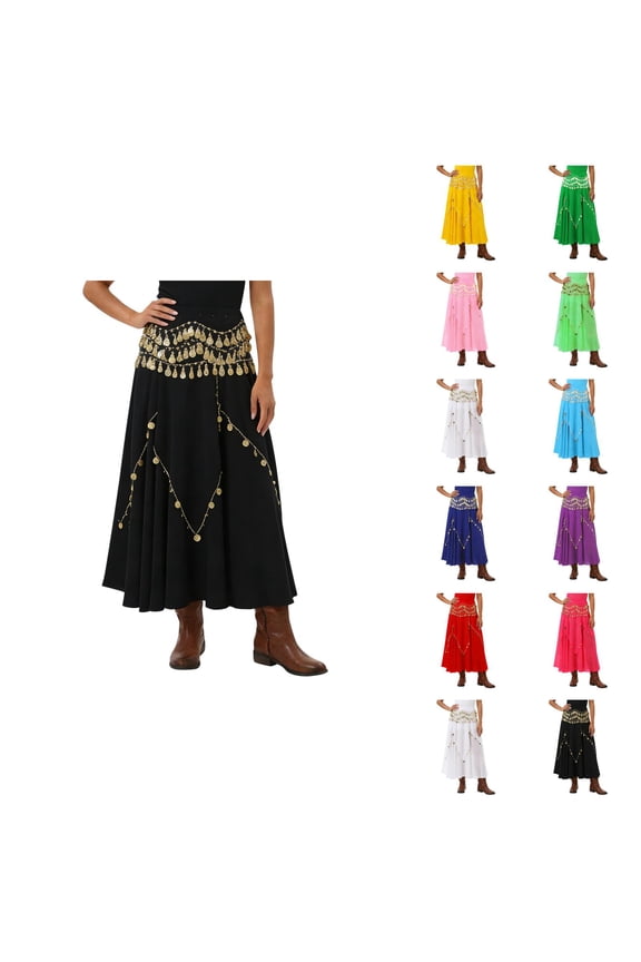 Belly Dancing Skirt Casual Flowy A Line Chiffon Midi Skirt Coin Skirts for Belly Dance Performance Music Festival Clothing