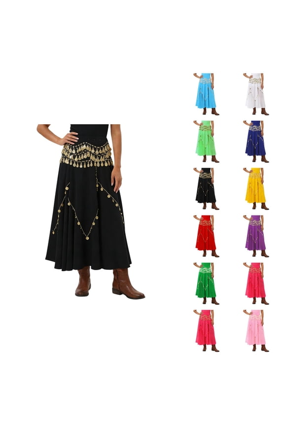 Belly Dancing Skirt Fashionable Flowy A Line Midi Chiffon Skirt with Coins Pirate Skirts for Bellydance Zumba Yoga Class