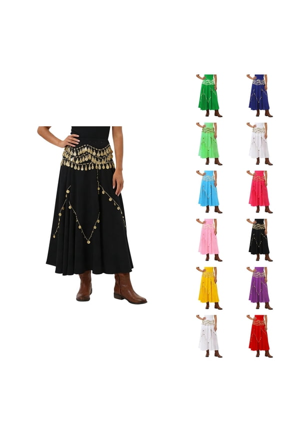 Belly Dancing Skirt Fashionable Ruffled A Line Chiffon Midi Skirt with Coins Pirate Skirts for Indian Dance Practice