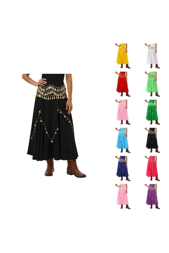 Belly Dancing Skirt Ruffled A Line Midi Chiffon Skirt with Coins Pirate Skirts for Indian Dance Practice