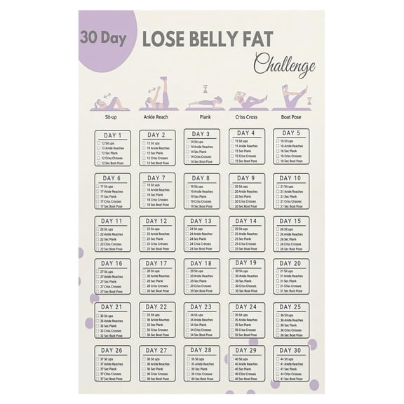 Belly Fat Loss Challenge Poster 30 Day Fitness Tracker with Workout Calendar and Progress Chart for Core Strength Home Gym Motivational Wall Art Decor