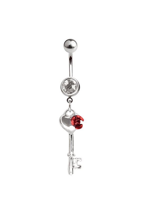 Belly Navel Dangle Ring Key with Red Rose and CZ Gem Design 14g
