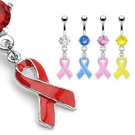 Belly Piercing Ring with Awareness Ribbons Dangle with Prong-Set CZ - 316L Steel