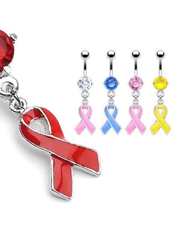 Belly Piercing Ring with Awareness Ribbons Dangle with Prong-Set CZ - 316L Steel