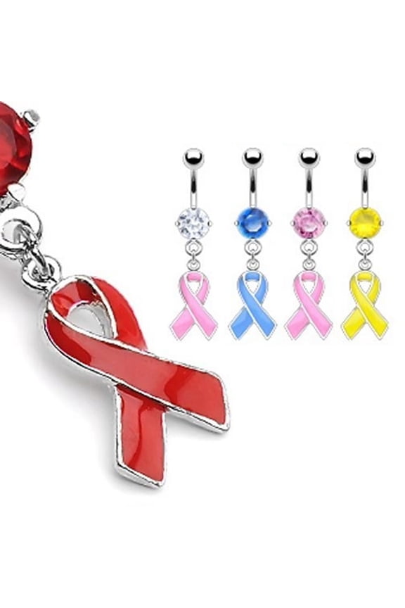 Belly Piercing Ring with Awareness Ribbons Dangle with Prong-Set CZ - 316L Steel