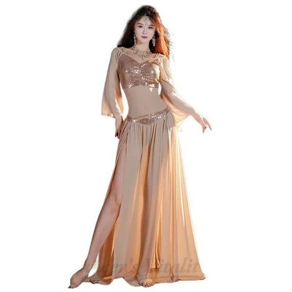 BellyDance Suit For Women Sequin Long Sleeved Split Long Skirt 2pcs Adult Dance Professional Practice Clothes