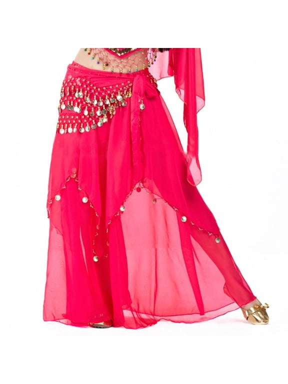 Belly Dance Chiffon Coins Full Circular Skirt-rose red