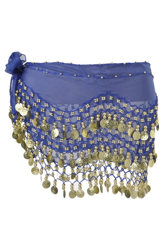 Belly Dance Hip Scarf 158 Gold Coins Dance Skirt-Navy Blue