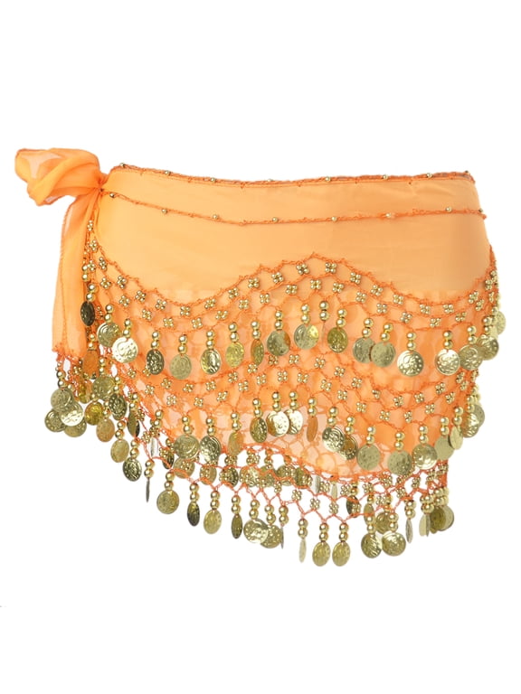Belly Dance Hip Scarf 158 Gold Coins Dance Skirt-Orange