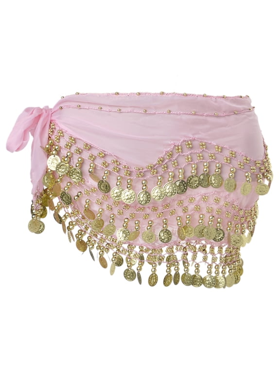 Belly Dance Hip Scarf 158 Gold Coins Dance Skirt-Pink