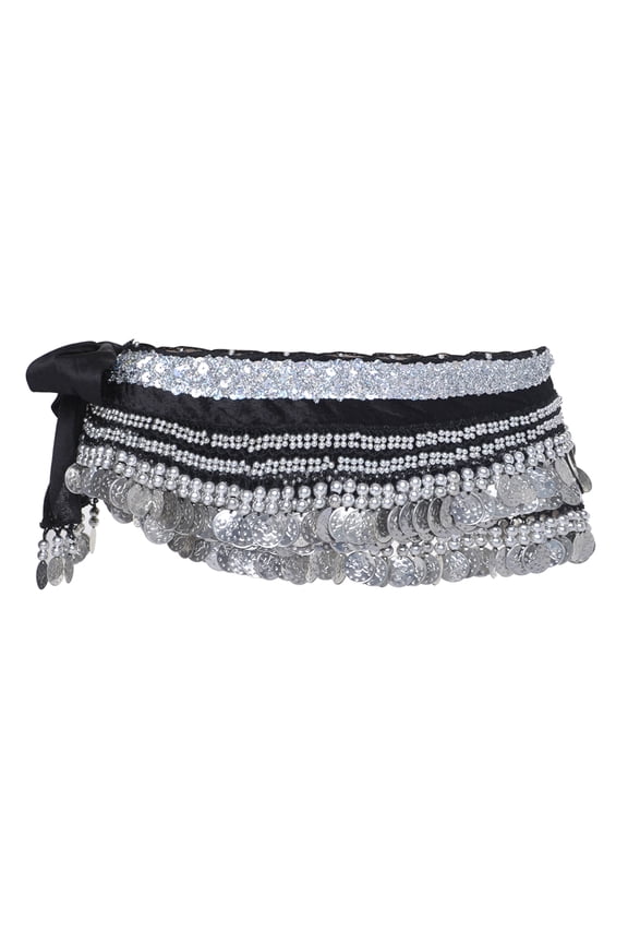 Belly Dance Hip Scarf, Multi-Row Silver Coin Dance Skirt-Black