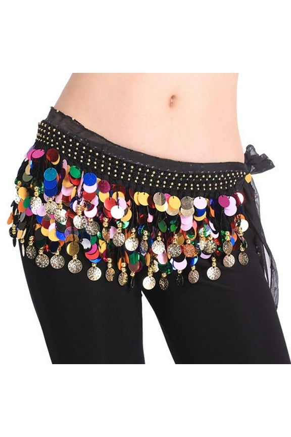Belly Dance Hip Scarf Skirt Wrap With Paillettes-BLACKWITHCOLRFULPAILLETTES