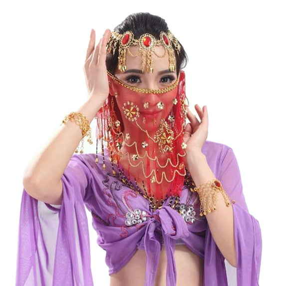 BellyLady Belly Dance Tribal Face Veil With Beads, Halloween Costume Accessory-Red