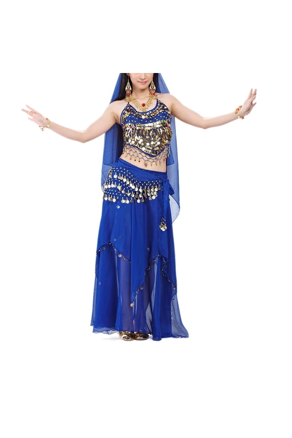 Halloween Belly Dance Costume, Halter Bra Top, Hip Scarf and Skirt-NavyBlue