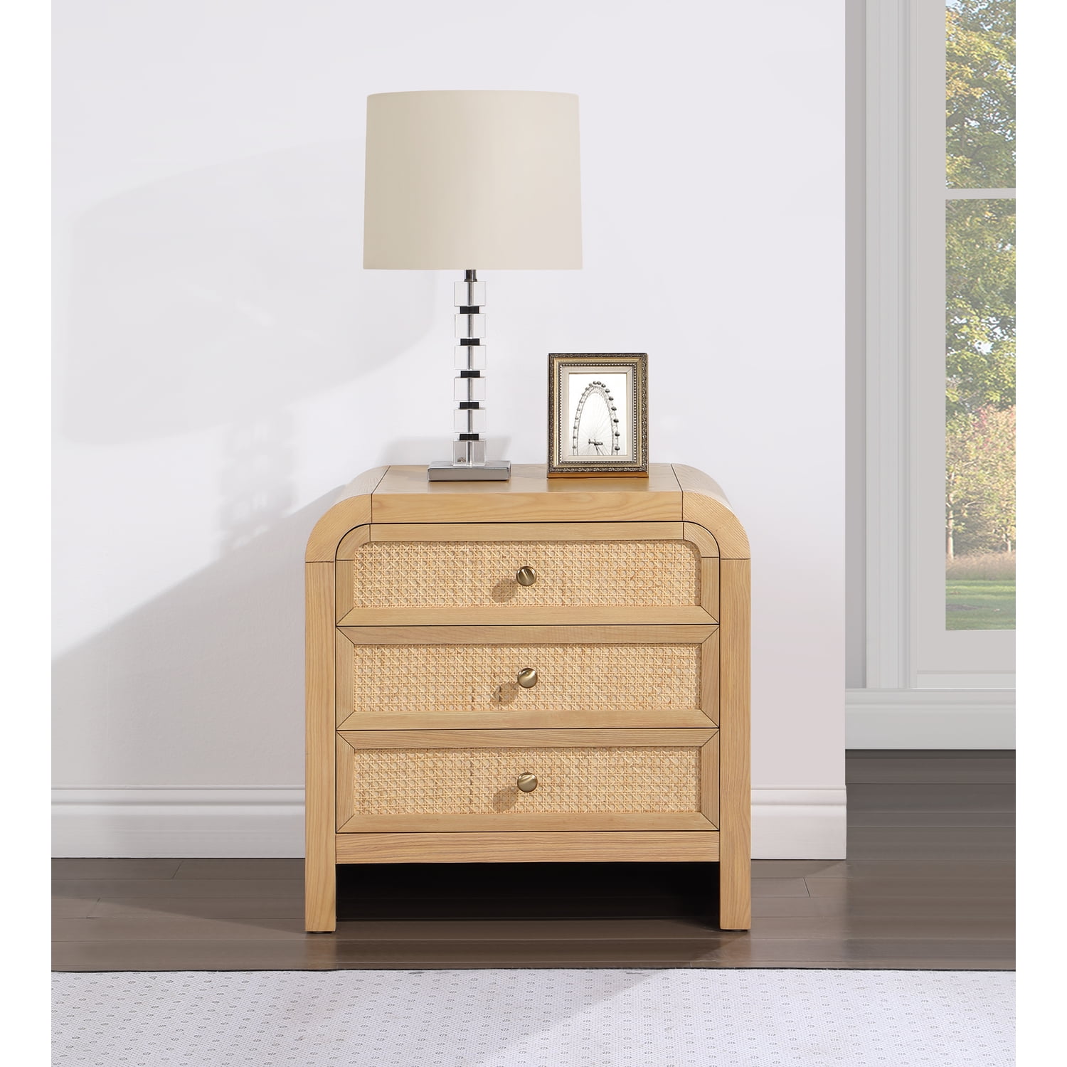 Belmont 3-Drawer Natural Rattan and Oak Nightstand
