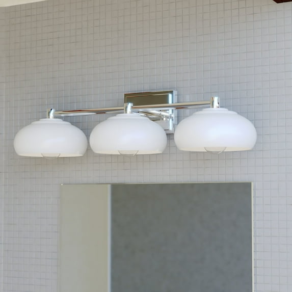 Belmont 3 Light Chrome and White Mid Century Modern Dome Bathroom Vanity Fixture