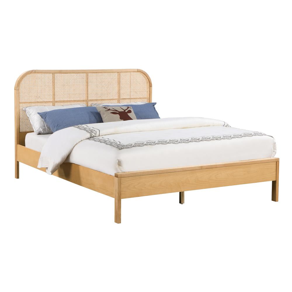 Natural Oak Queen Bed with Rattan Headboard and Storage Drawer