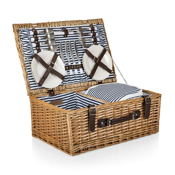 Picnic Time Belmont Picnic Basket for 4, Navy Blue & White Stripe