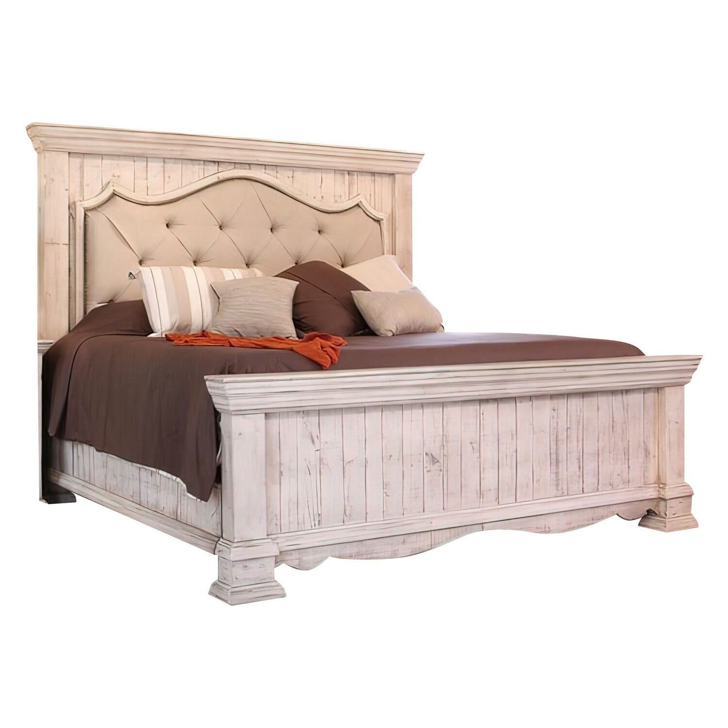 Belo Queen Bed, Pine Wood, Beige Upholstered Headboard, Distressed White