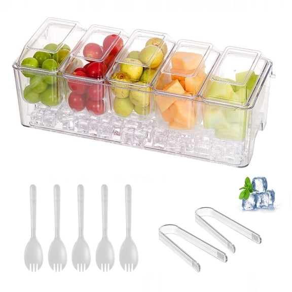 Beloadence 5-Compartment Snack Box, Portable Fruit Storage Container for Outdoor, Insulated Bento Box for Picnic, Camping, Lunch, with Utensils and Tongs, Clear