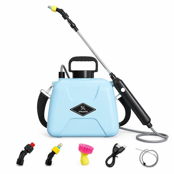 Beloadence Garden Sprayer, 5L/1.35Gal Battery-Powered Sprayer, 3 Nozzles, Leak-Proof Design & Adjustable Strap, Type-C Rechargeable for Lawn, Garden, Yard, Light Blue
