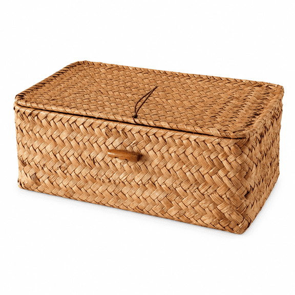 Beloadence Wicker Storage Basket with Lid, Medium Rectangular Woven Organizer for Shelves and Vanity, Natural Rattan Storage Box for Cosmetics, Jewelry, and Snacks, 26x16x10cm