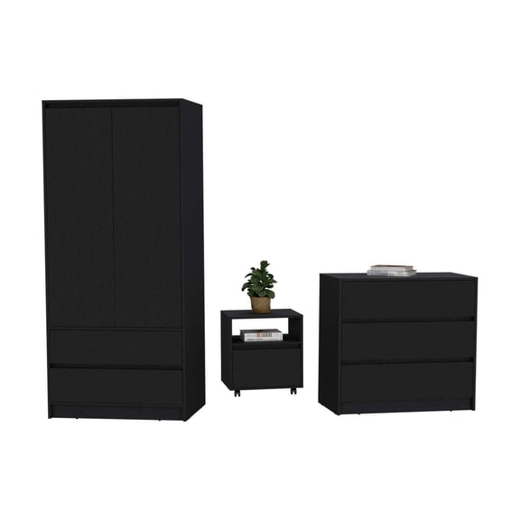 Beloit 3 Piece Bedroom Set, Nightstand & Dresser& Armoire, Black