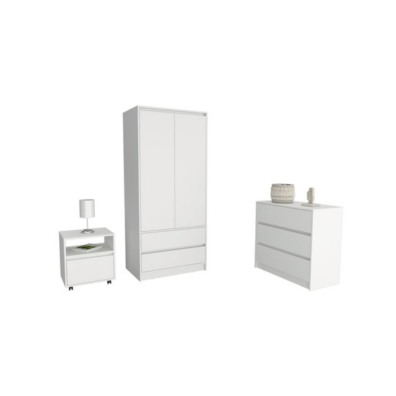 Beloit 3 Piece Bedroom Set, Nightstand & Maldus Dresser & Closher Armoire, White