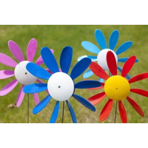 Spinning Daisies Pack of 6 Beloit Plastics 12 inch Dia. Random Color Lawn Pinwheels, 24" Tall Pinwheel and Wind Spinners, Garden, Party Pinwheel, Flower Spinner, for Patio, Lawn & Garden
