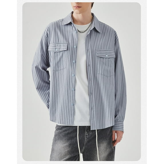 Belong to young|Striped bubble shirt men's spring advanced sense baggy lapel long sleeve shirt coat top
