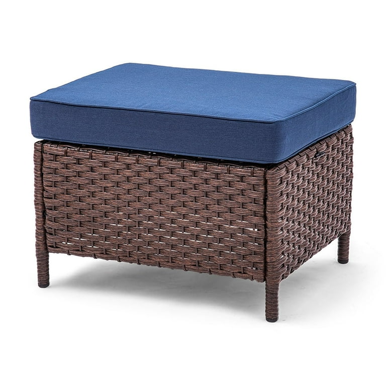 Belord 2 Pieces Assembled Ottomans Wicker Rattan Footstool Footrest Seats with Navy Cushions Walmart