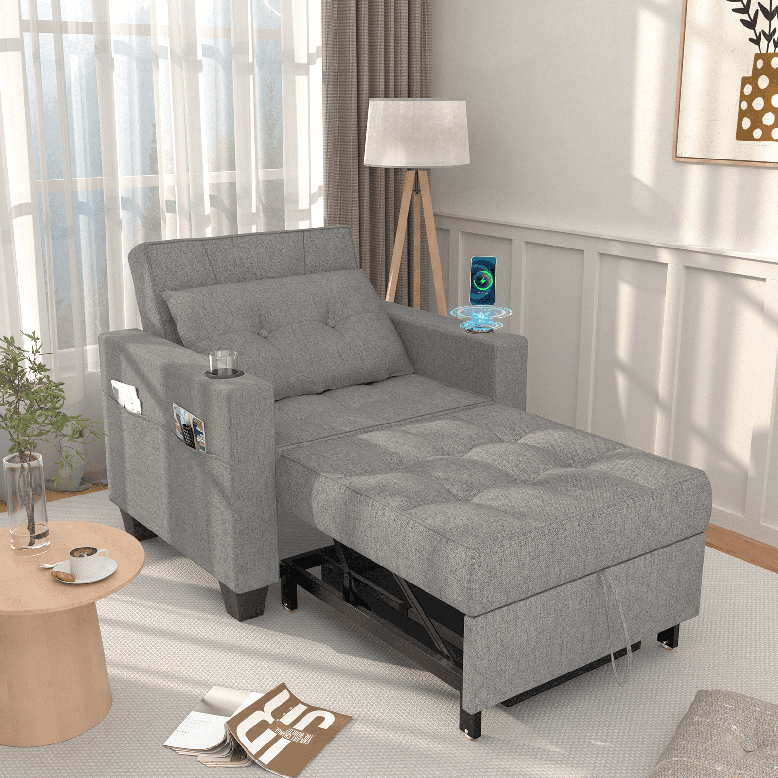 Belord 3in1 Sleeper Chair Bed, Pull Out Sofa Chair, Futon Couch Chair with Wireless Charging