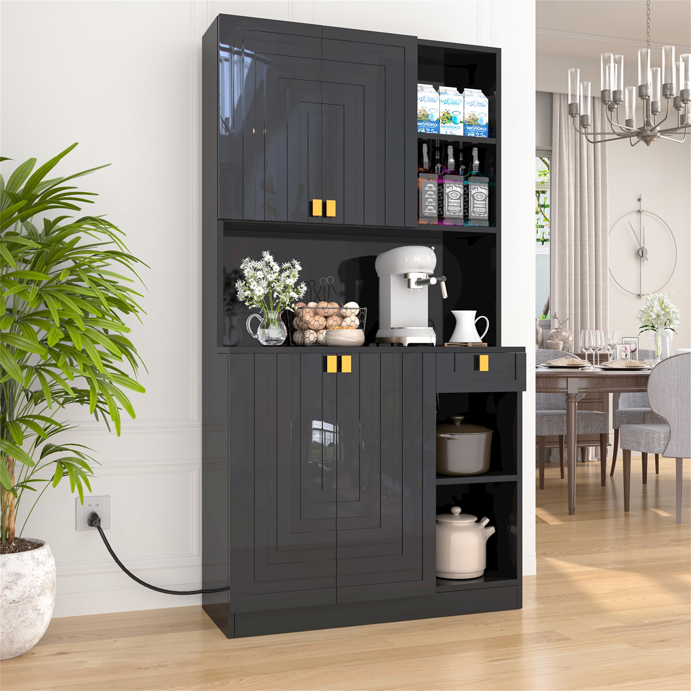 Yeahumalia Kitchen Pantry Storage Cabinet Hutch with Microwave Stand and Power Outlets Black