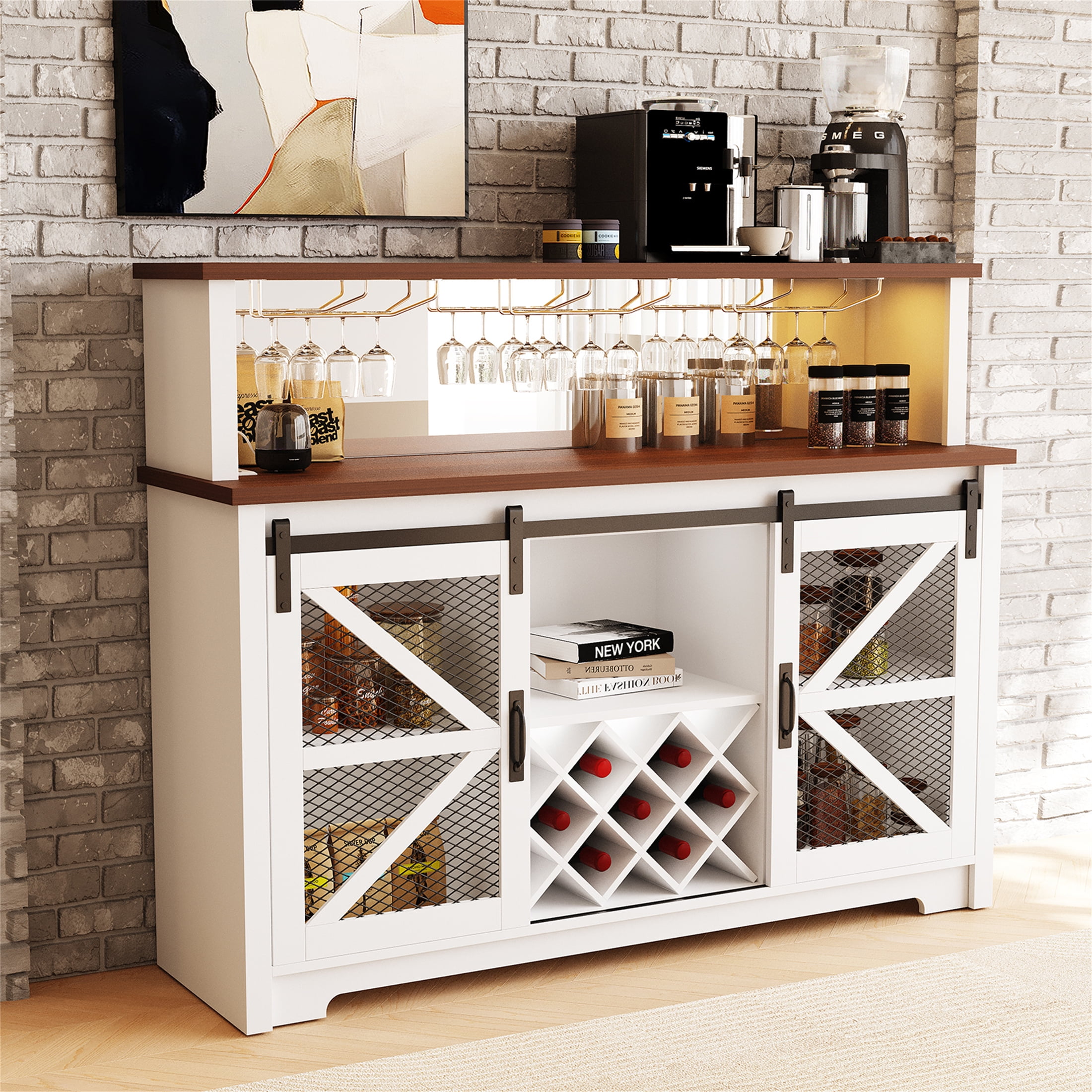 Farmhouse Sideboard Buffet Cabinet with Storage Large Kitchen Sideboard Cabinet Coffee Bar Cabinet with Sliding Barn Door 54 Wine Cabinet with 3 Drawers Storage Cabinet for Kitchen Dining Room Walmart...