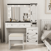 Belord Farmhouse Vanity Desk, Makeup Vanity Table with Charging Station, USB Port and Lighted Mirror, Dressing Table with 3 Drawers and Cabinet, Jewelry Desk for Bedroom, Stool Included
