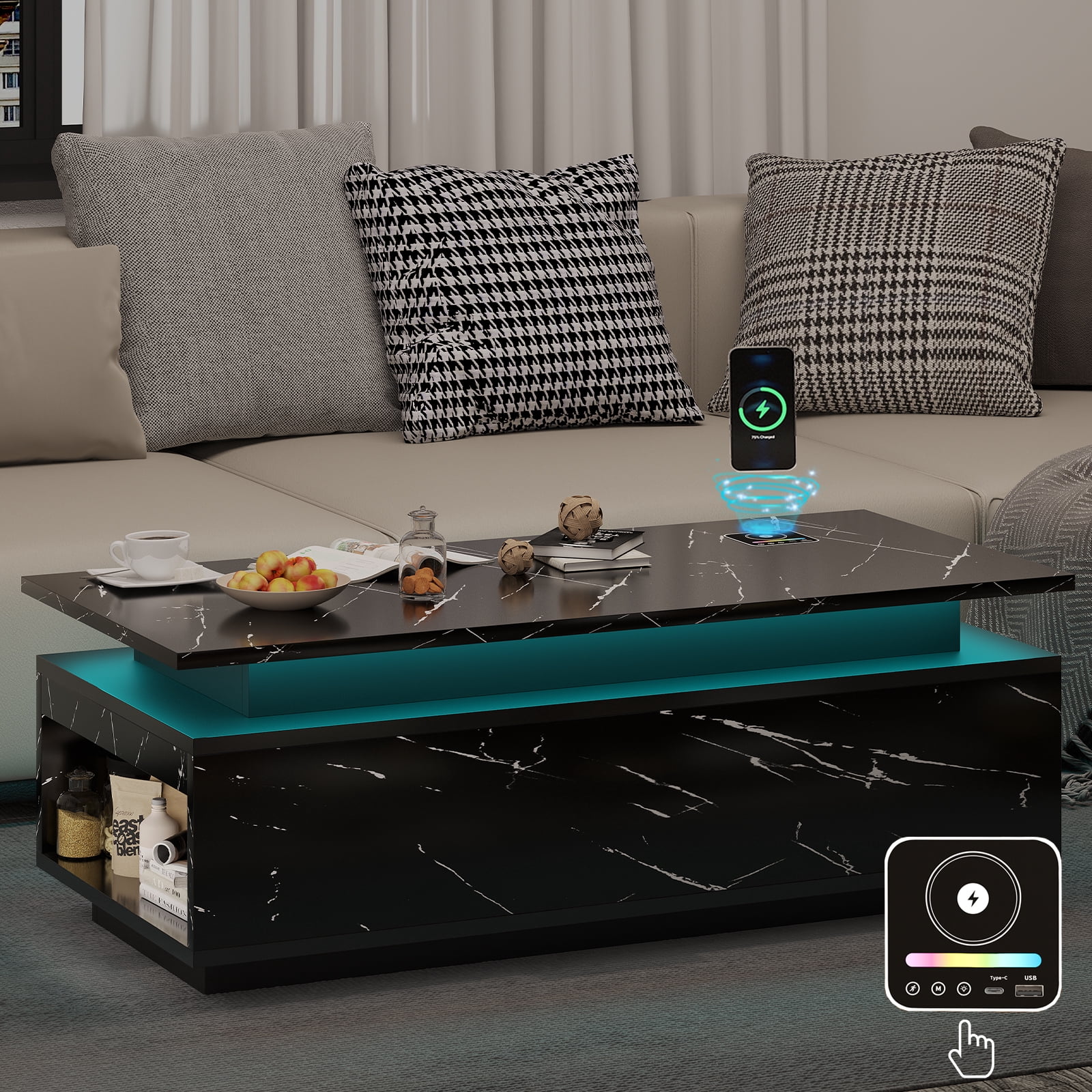Yeahumalia Modern LED Coffee Table with Wireless Charging & Speaker, Smart Center Table for Living Room, Black
