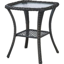 Belord Rattan Patio Side Table, 2 Tier Hand Woven Wicker Bistro Table, 5 mm Frost Glass Top Square Table, Brown Wicker