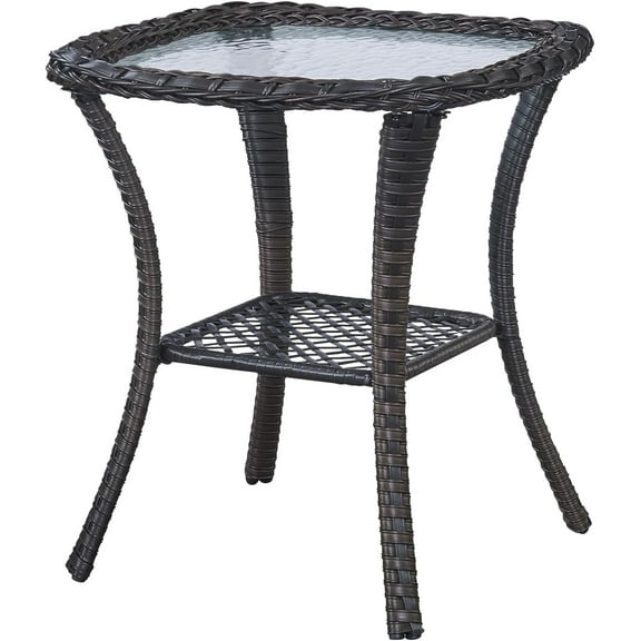Belord Rattan Patio Side Table, 2 Tier Hand Woven Wicker Bistro Table, 5 mm Frost Glass Top Square Table, Brown Wicker