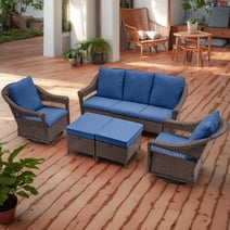 Belord Rattan Patio Sofa Set, 5 Pieces Outdoor Patio Furniture Conversation Set, Wicker 3-Seat Sofa & 2pcs Rattan Swivel Chair & 2pcs Ottomans with Cushions, Navy