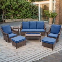 Belord Rattan Patio Sofa Set, 7 Pieces Outdoor Patio Wicker Furniture Conversation Set with Cushions, 3-Seat Sofa + 2pcs Swivel Chairs + 2pcs Ottomans + Coffee Table + Side Table, Navy