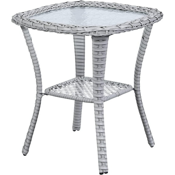 Hanyu Small Outdoor Side Table Tempered Glass Wicker Table - Waterproof Patio Coffee Table Rattan End Table with Storage, Light Gray 20x20x22 inch