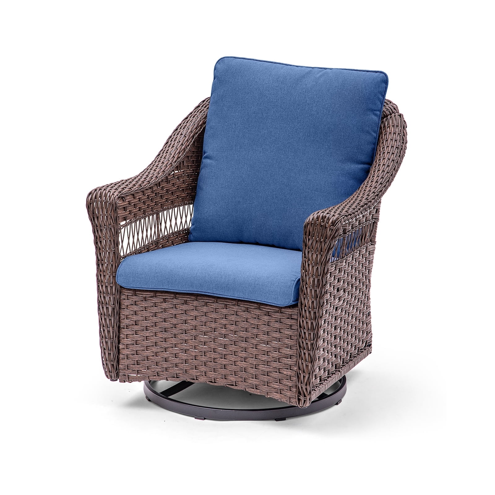 Belord Outdoor Wicker Swivel Rocking Chair for Adults with Navy Cushion for Patio, Porch, Deck