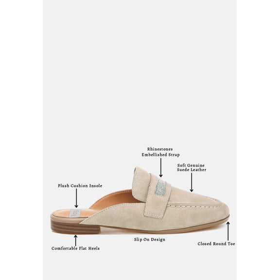 Belorose Rhinestone Strap Genuine Suede Mules