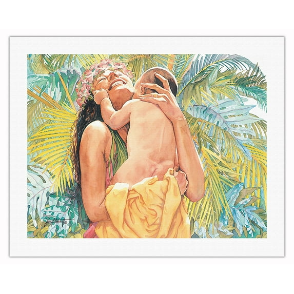 Beloved Child (Ke Keiki Milimili) - Hawaiian Mother and Baby - From an Original Watercolor Painting by Janet Stewart - Fine Art Rolled Canvas Print (Unframed) 20in x 26in
