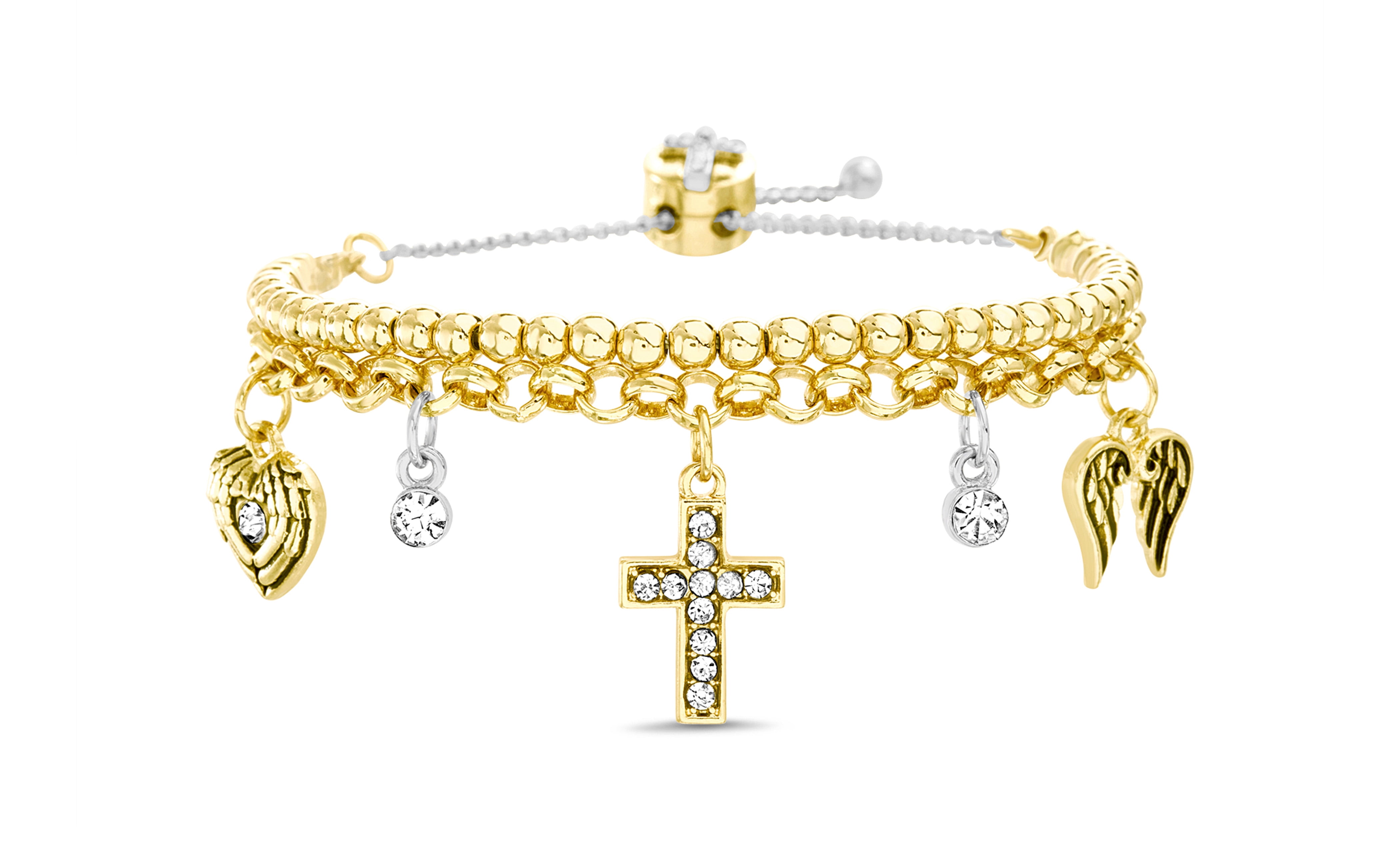 Beloved & Inspired Inspirational Dangle Charm Slider Bracelet in Two-Tone Brass for Women