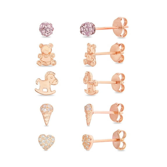 Beloved & Inspired Kid's Cubic Zirconia Bear Pony Ice Cream Ball Heart Stud Earrings Set, Rose Gold Plated Sterling Silver