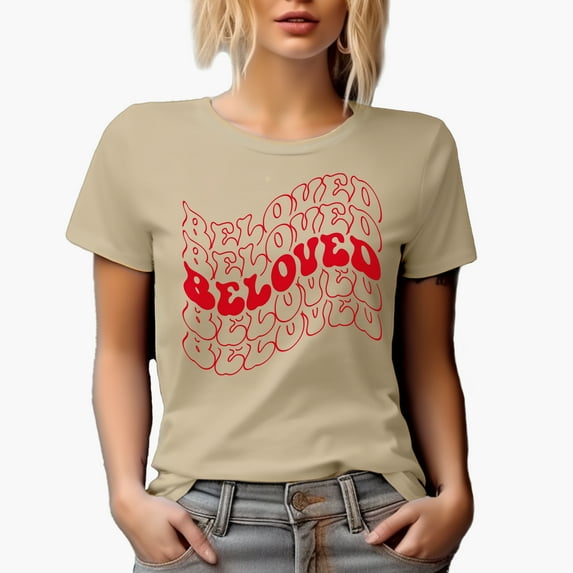 Beloved, Name for a Loved One or Special Someone, Groovy Retro Wavy Text Merch Gift, Tan T-Shirt, Medium
