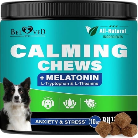 Beloved Pets Calming Chews for Dogs – Melatonin Dog Treats for Anxiety Relief, Stress Support & Sleep Aid – Relaxing Supplement for Fireworks, Thunder, Travel & Barking – Natural Anti-Stress Dog Chew