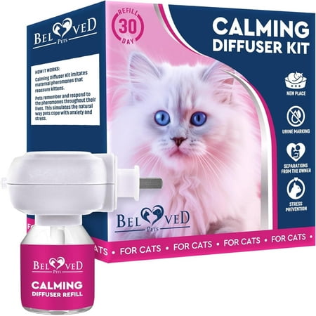 Beloved Pets Cat Calming Diffuser & Pet Anti Anxiety Products - Feline Calm Pheromones Plug in & Cats Stress Relief Comfort Help with Aggression, New Zone, Pee, Fighting with Dogs & Other Behavior